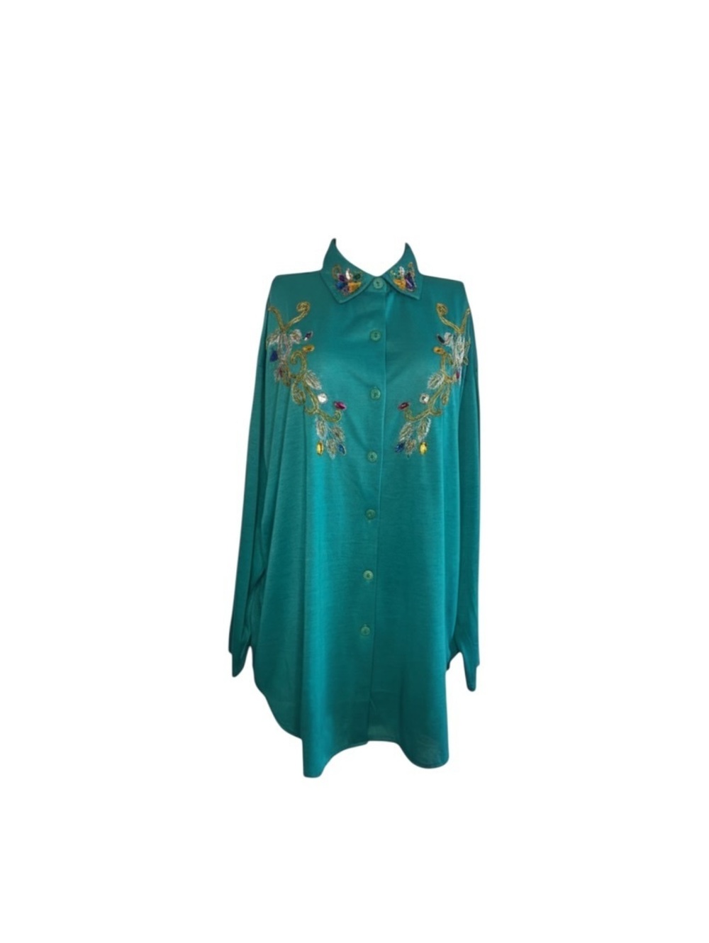 Vintage Teal Embellished Button-Front Tunic Shirt